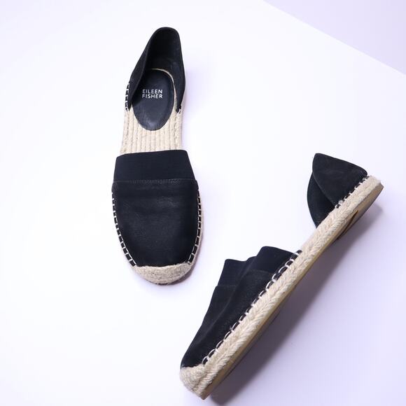 EILEEN FISHER Lady Tumbled Nubuck Espadrille Flats Black Open Sides Women's 9 - Picture 3 of 9